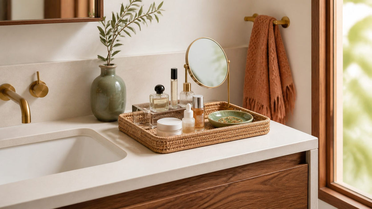 Organized woven vanity tray with skincare, fragrance, mirror, and jewelry dish