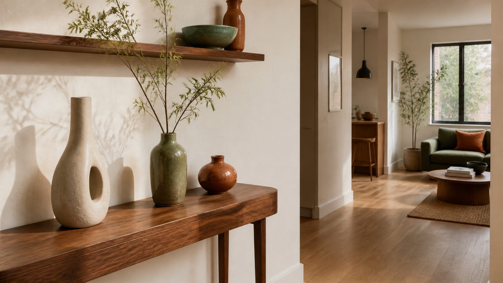 Three ceramic vases arranged on a walnut console in a small warm apartment