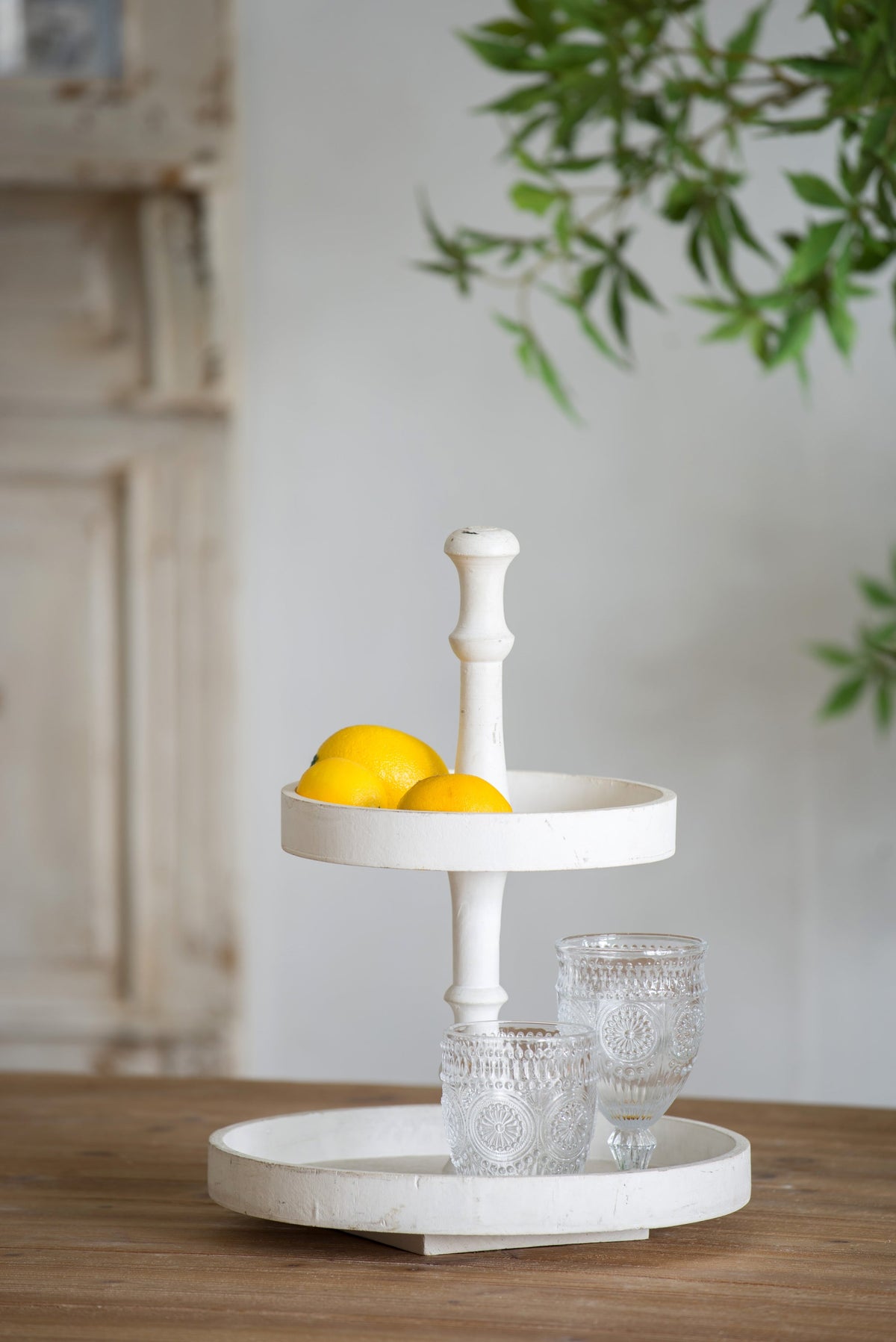 White Two-Tier Round Wooden Tray