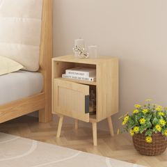 Oak Rattan Nightstand with Door and Open Shelf – packaging
