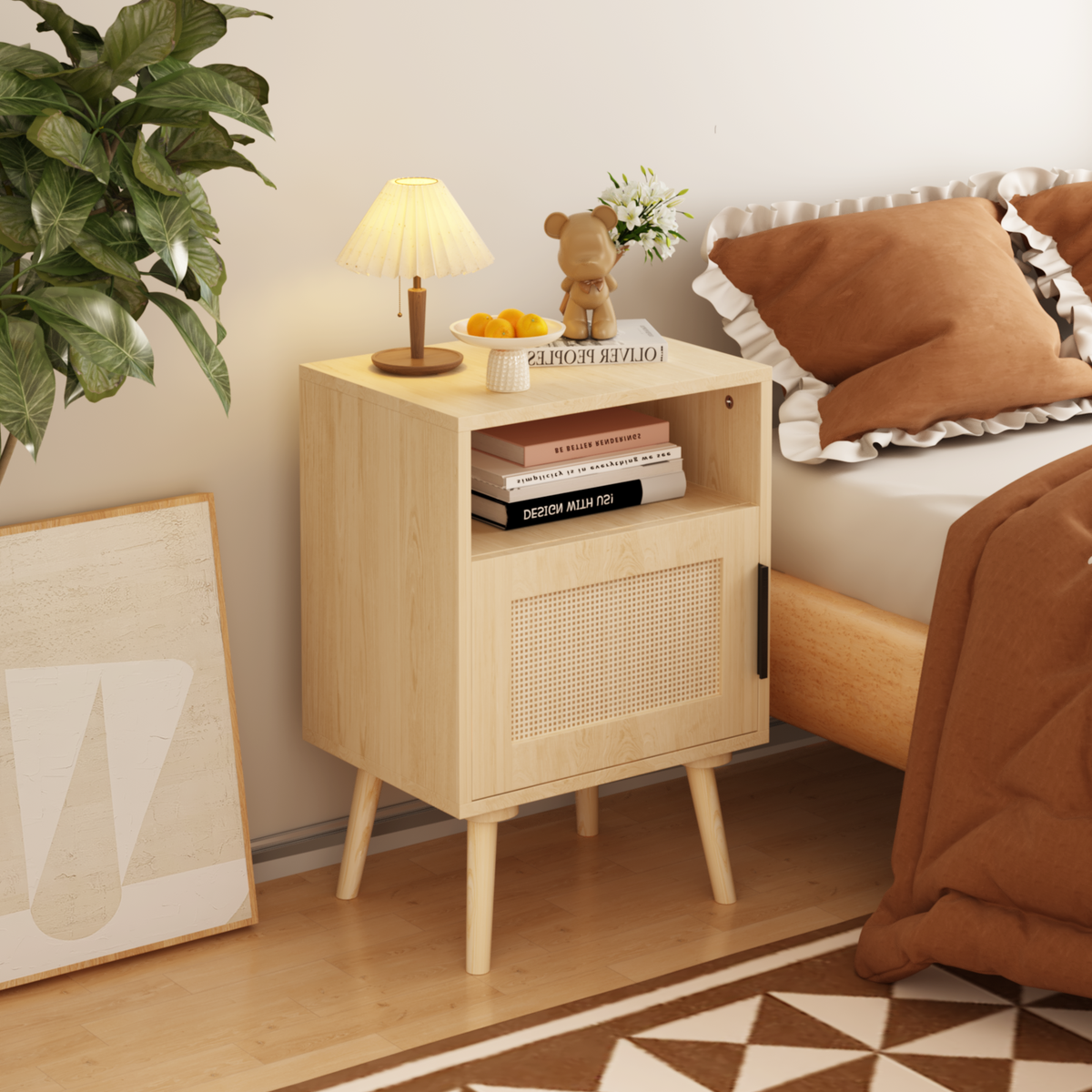 Oak Rattan Nightstand with Door and Open Shelf – detail view