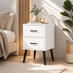 White 2-Drawer Nightstand with Metal Legs – side view