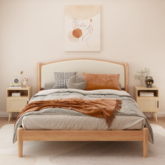 Oak Rattan Nightstand with Door and Open Shelf – lifestyle view