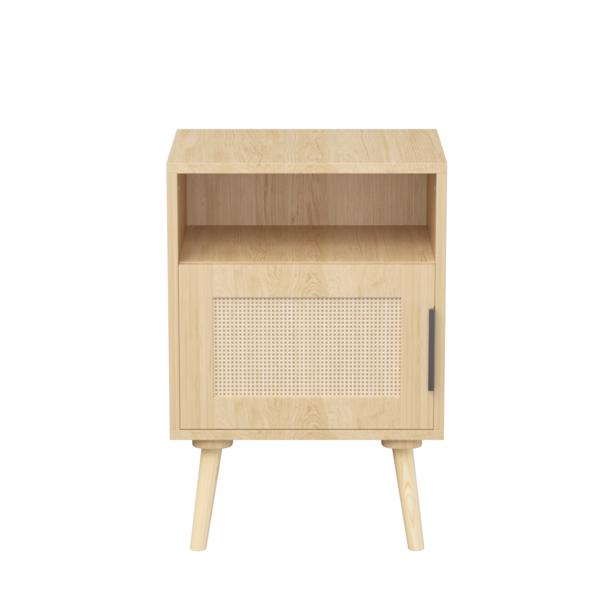 Oak Rattan Nightstand with Door and Open Shelf