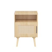 Oak Rattan Nightstand with Door and Open Shelf
