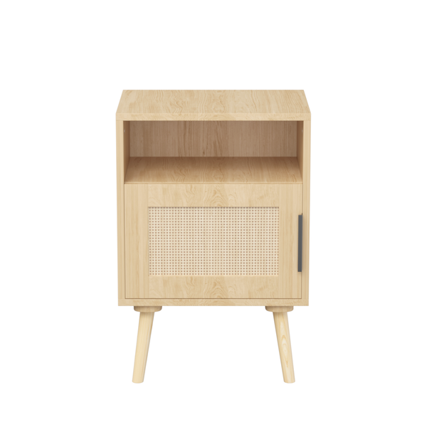 Oak Rattan Nightstand with Door and Open Shelf