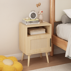 Oak Rattan Nightstand with Door and Open Shelf – close-up