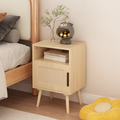 Oak Rattan Nightstand with Door and Open Shelf – styled scene