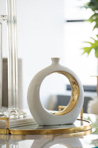 12-Inch White and Gold Round Ceramic Vase