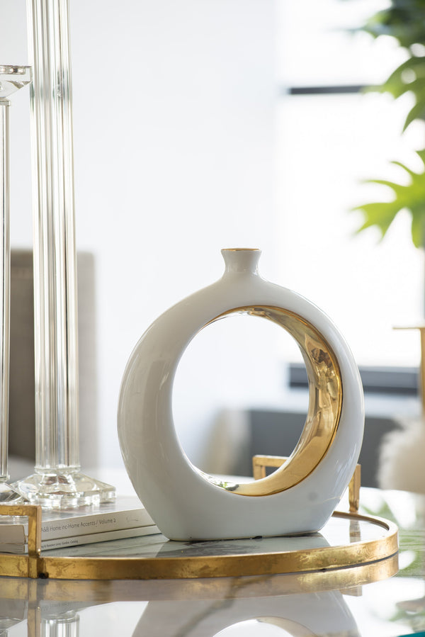 12-Inch White and Gold Round Ceramic Vase