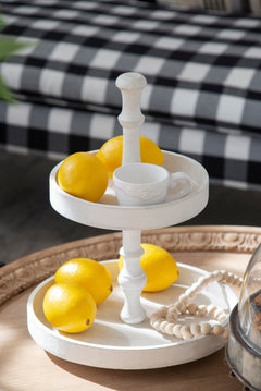 White Two-Tier Round Wooden Tray – styled scene