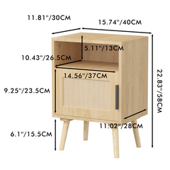 Oak Rattan Nightstand with Door and Open Shelf – side view