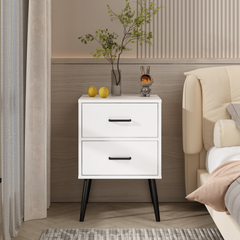 White 2-Drawer Nightstand with Metal Legs – close-up