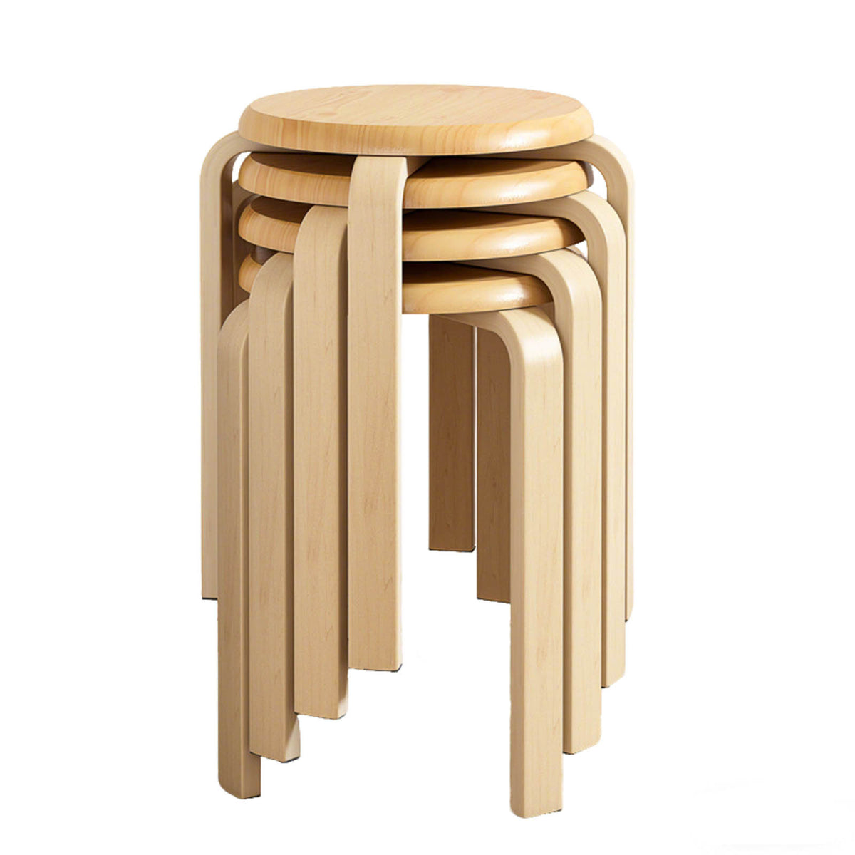 Set of four natural stackable bentwood stools nested together