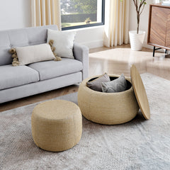Dark Yellow Rattan Storage Ottoman – styled scene