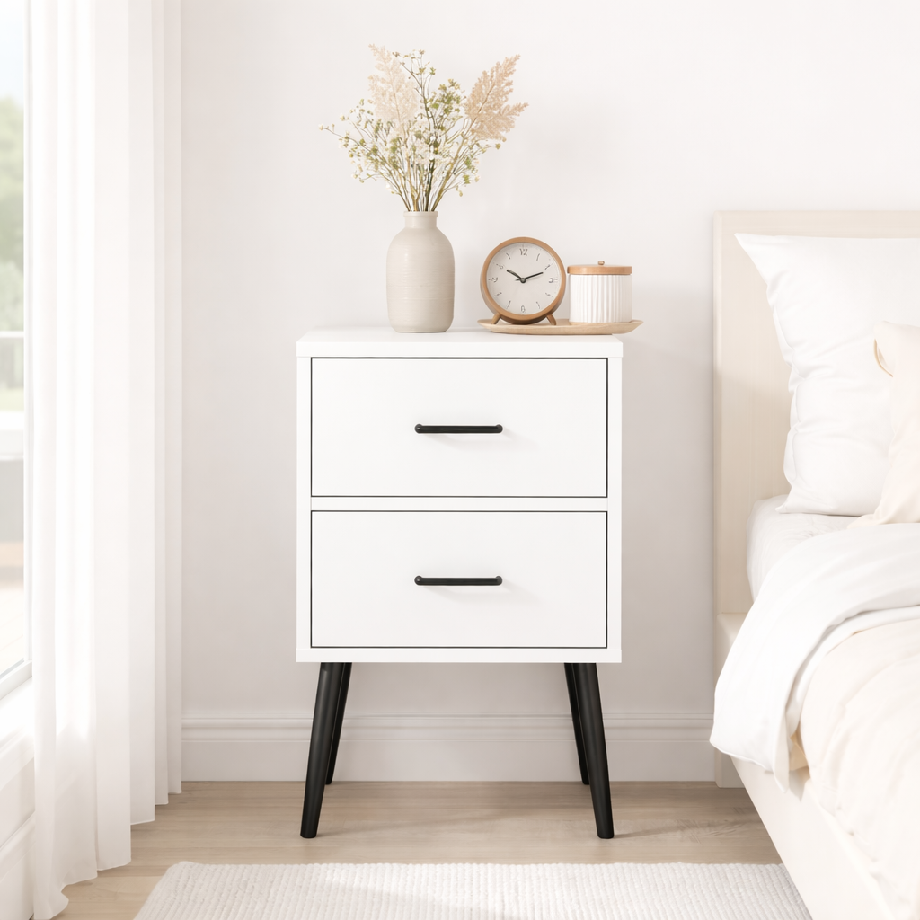 White 2-Drawer Nightstand with Metal Legs