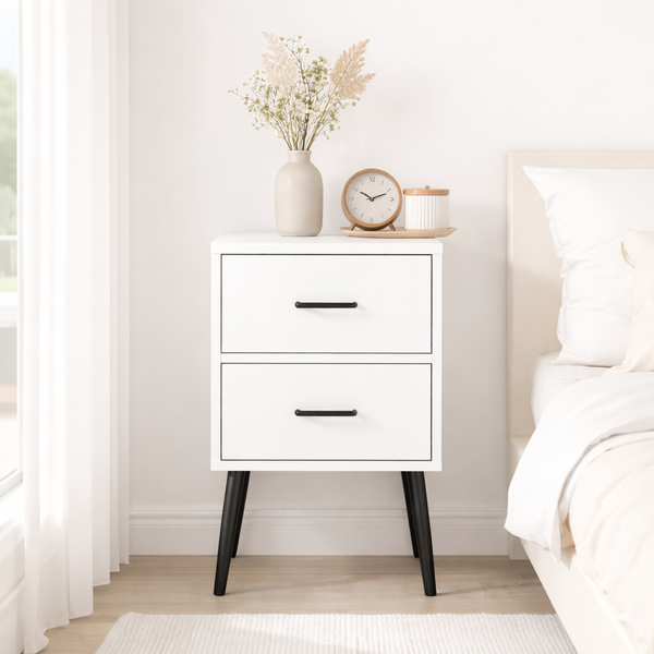 White 2-Drawer Nightstand with Metal Legs